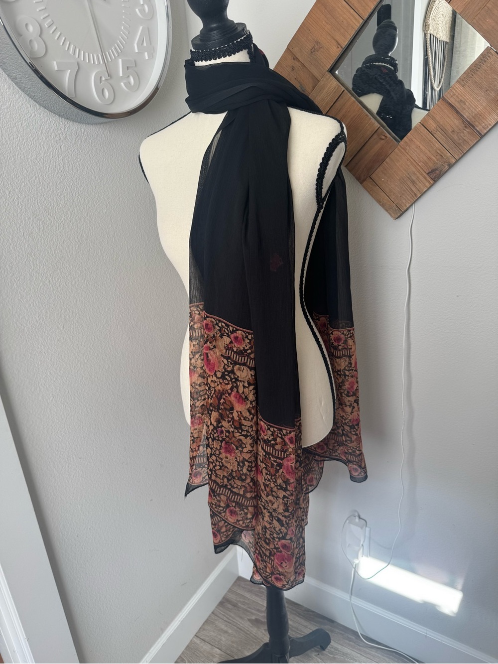 Elegant Black Sheer Scarf Wrap with Pink Floral Border